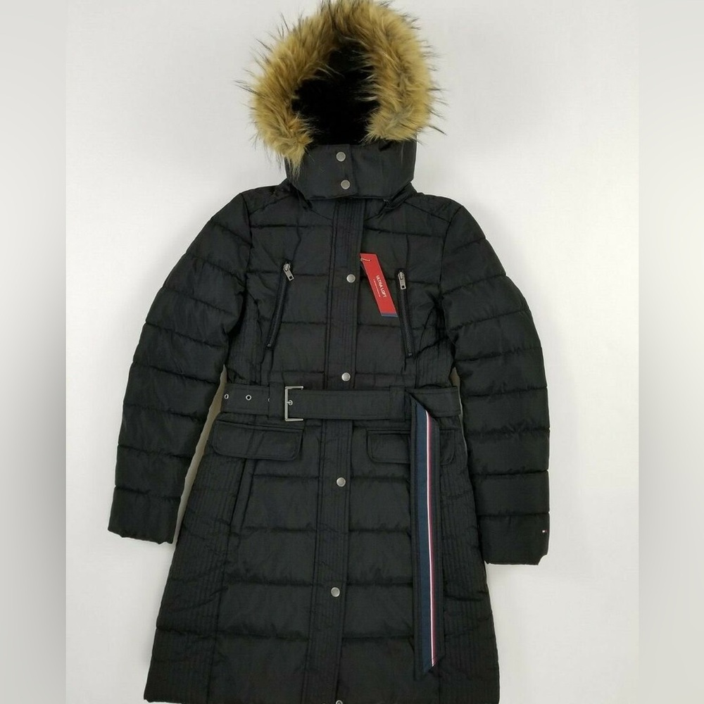 Tommy Hilfiger Women's Full Zip Hood Black Puffer Down Knee Coat Size S